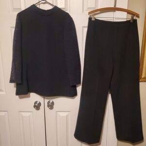Vintage Women's Black Two-Piece Knit Lace Sleeve Top & Wide-Leg Pants Set